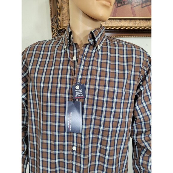 Roundtree & Yorke Mens size Large Brown Plaid Button-Down Cotton Shirt - Picture 7 of 10